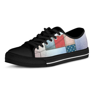 4th of July USA Denim Patchwork Print Black Low Top Sneakers