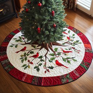Bright Cardinal Blessings Christmas Quilted Tree Skirt Charming Tree Skirt for Family Gatherings