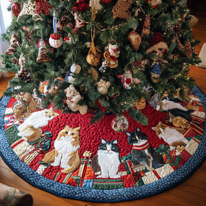 Cat Harmony Christmas Quilted Tree Skirt Festive Christmas Tree Skirt for Holiday Decor