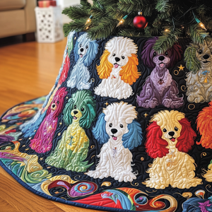 Christmas Colorful Poodle Quilted Tree Skirt Joyful Holiday Season Gift Merch