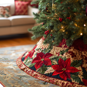 Festive Poinsettia Christmas Quilted Tree Skirt Exclusive Holiday Tree Skirt Gift for Families