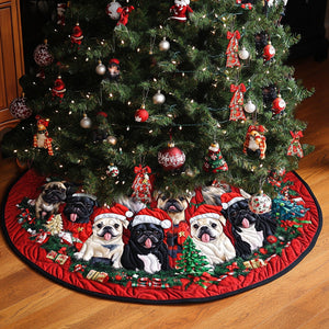 Jolly Bulldog Celebration Quilted Christmas Tree Skirt Classic Red and White Tree Skirt for Traditional Decor