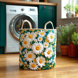 White Daisy Charm Quilted Laundry Basket Merch For Home And Living