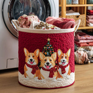 Winter Corgis Quilted Laundry Basket Merch For Dad
