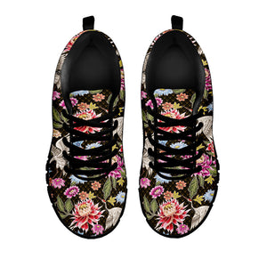 Asian Crane Bird Pattern Print Black Running Shoes
