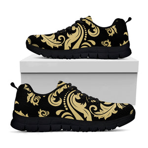 Black And Beige Damask Pattern Print Black Running Shoes