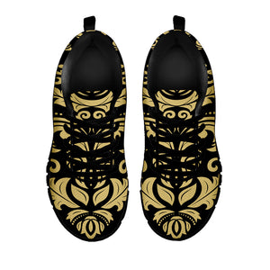 Black And Beige Damask Pattern Print Black Running Shoes