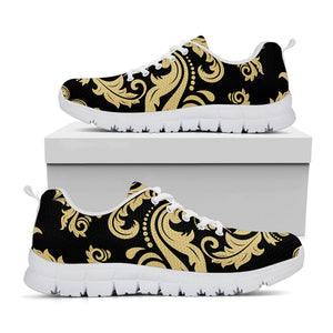 Black And Beige Damask Pattern Print White Running Shoes