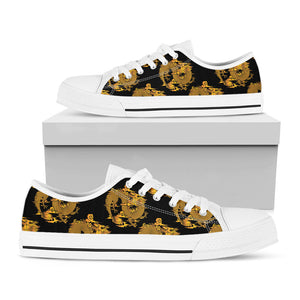 Black And Gold Dragon Pattern Print White Low Top Sneakers