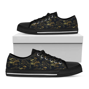 Black And Gold Japanese Tiger Print Black Low Top Sneakers