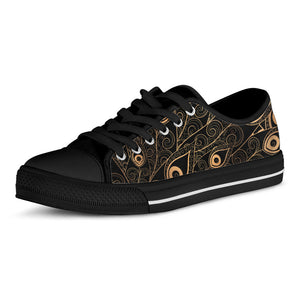 Black And Gold Peacock Feather Print Black Low Top Sneakers