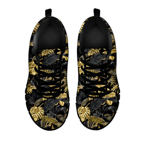 Black And Gold Tropical Pattern Print Black Running Shoes