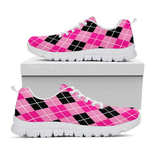 Black And Pink Argyle Pattern Print White Running Shoes