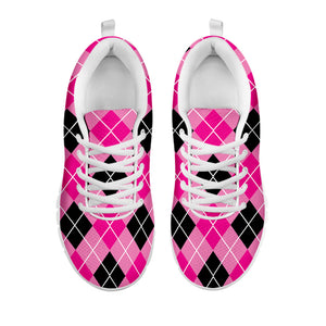 Black And Pink Argyle Pattern Print White Running Shoes