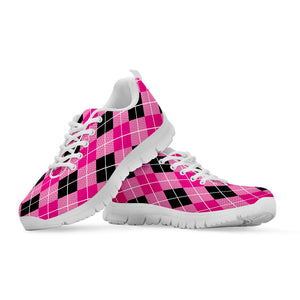 Black And Pink Argyle Pattern Print White Running Shoes