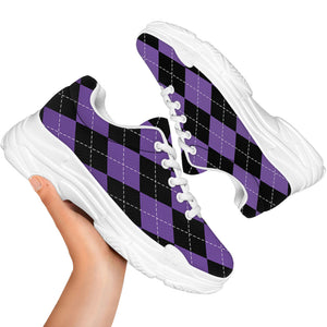 Black And Purple Argyle Pattern Print White Chunky Shoes