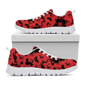 Black And Red Hibiscus Pattern Print White Running Shoes