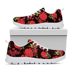 Black And Red Roses Floral Print White Running Shoes