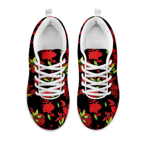 Black And Red Roses Floral Print White Running Shoes