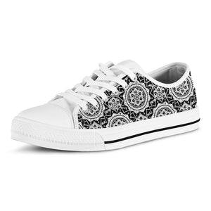Black And White Boho Mandala Print White Low Top Sneakers