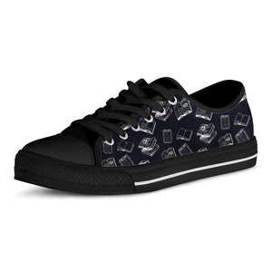 Black And White Books Pattern Print Black Low Top Sneakers