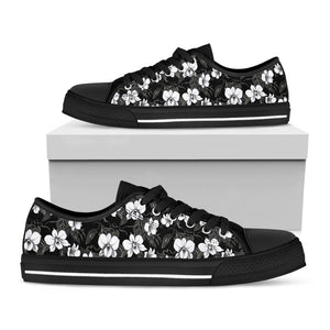 Black And White Cattleya Pattern Print Black Low Top Sneakers