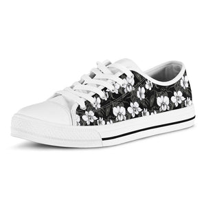 Black And White Cattleya Pattern Print White Low Top Sneakers