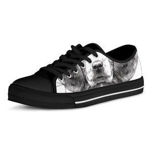 Black And White Drawing Beagle Print Black Low Top Sneakers