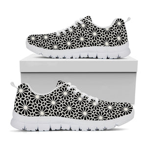 Black And White Geometric Floral Print White Running Shoes