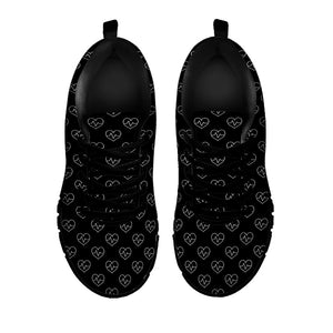 Black And White Heartbeat Pattern Print Black Running Shoes