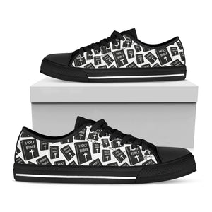 Black And White Holy Bible Pattern Print Black Low Top Sneakers