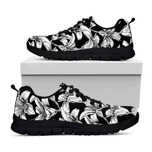 Black And White Lily Pattern Print Black Running Shoes