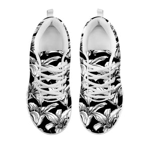 Black And White Lily Pattern Print White Running Shoes