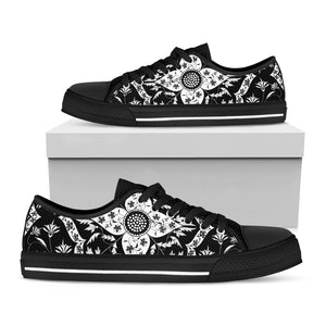 Black And White Lotus Mandala Print Black Low Top Sneakers