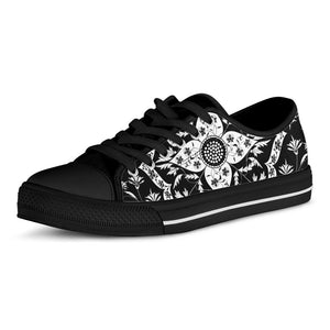 Black And White Lotus Mandala Print Black Low Top Sneakers