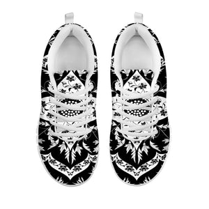 Black And White Lotus Mandala Print White Running Shoes