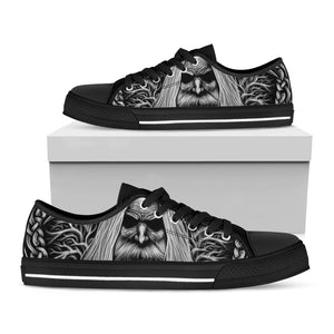 Black And White Odin With Crows Print Black Low Top Sneakers