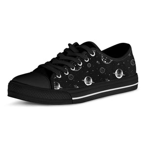 Black And White Planets Pattern Print Black Low Top Sneakers