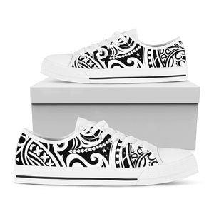 Black And White Polynesian Tattoo Print White Low Top Sneakers