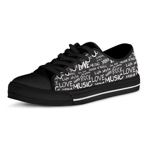 Black And White Rock And Roll Print Black Low Top Sneakers