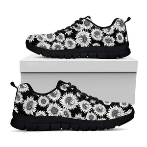 Black And White Sunflower Pattern Print Black Running Shoes