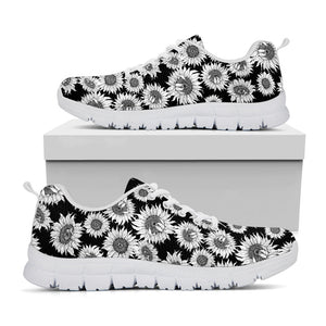 Black And White Sunflower Pattern Print White Running Shoes