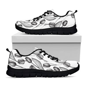 Black And White Tulip Pattern Print Black Running Shoes