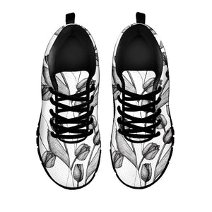 Black And White Tulip Pattern Print Black Running Shoes