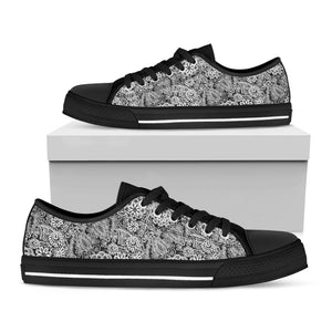 Black And White Western Flower Print Black Low Top Sneakers