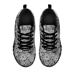Black And White Western Flower Print Black Running Shoes