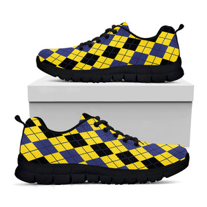 Black Blue And Yellow Argyle Print Black Running Shoes