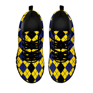 Black Blue And Yellow Argyle Print Black Running Shoes