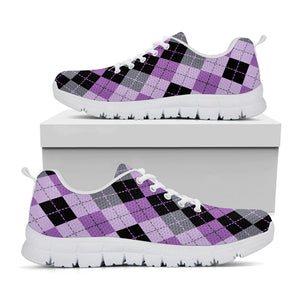 Black Grey And Violet Argyle Print White Running Shoes