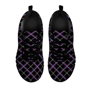 Black Grey Blue And Pink Tartan Print Black Running Shoes